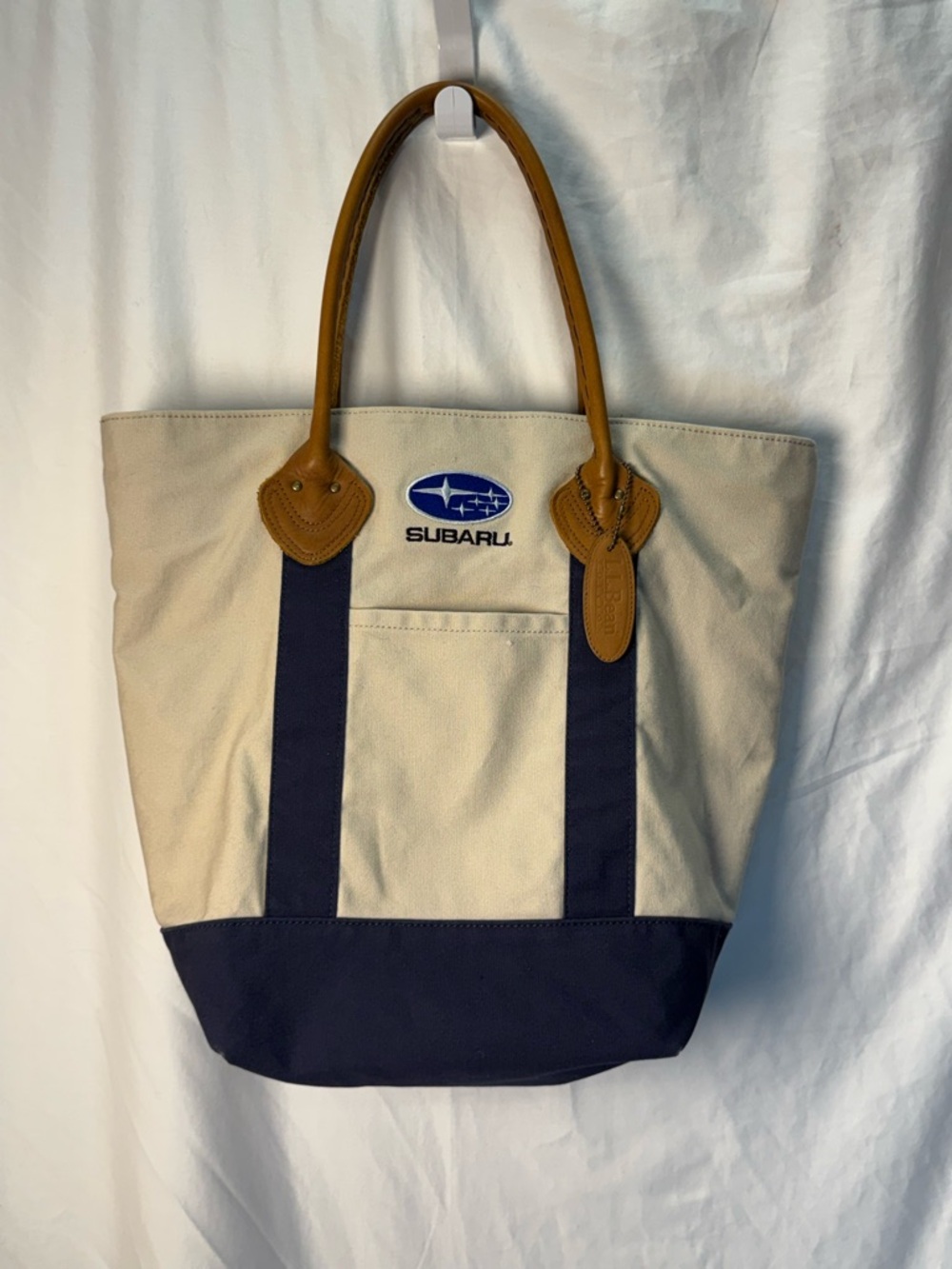 L.L. Bean Canvas Tote w/ Red & Green Plaid Interior & Tan Handles w/ Subaru logo